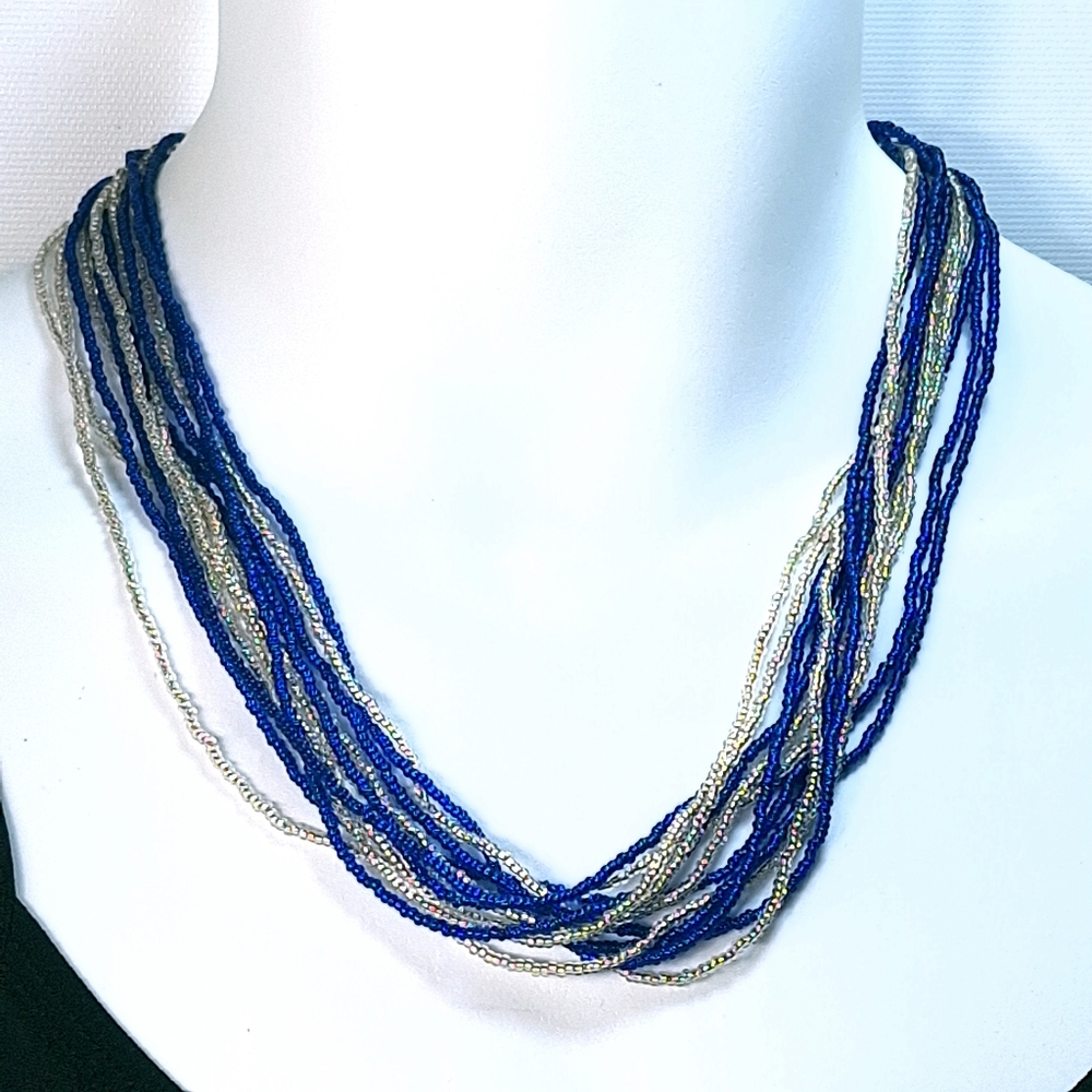 Vintage Handmade Blue Silver Multi Strand Seed Bead Ball Clasp Necklace